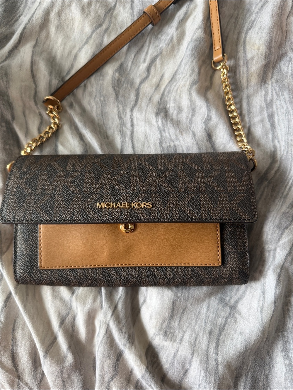 Michael Kors Brown Logo Crossbody with Tan Leather Accents